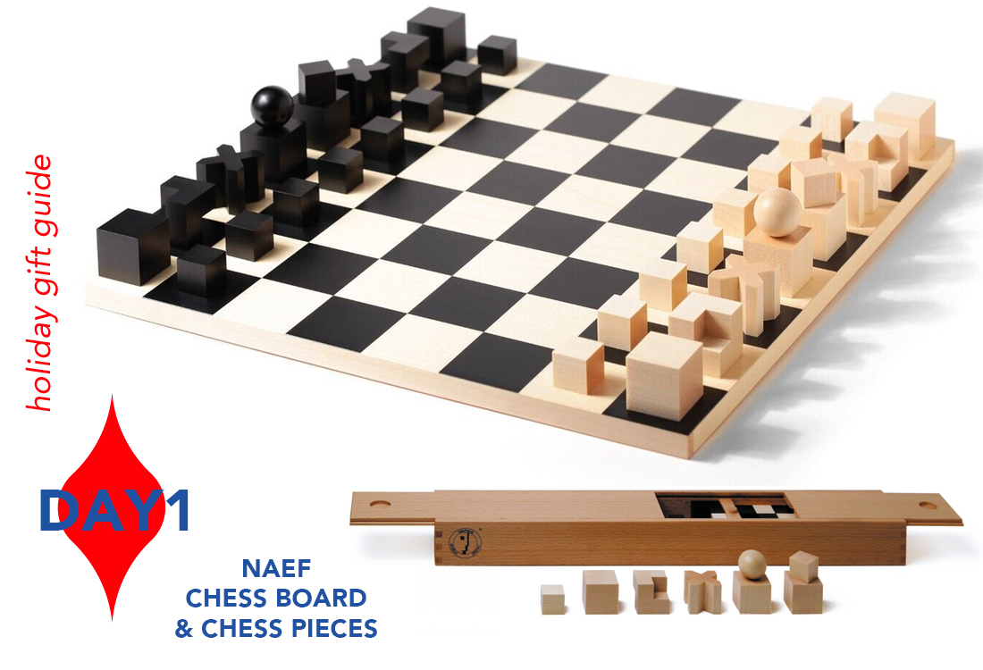 Wood chess board with minimal style wood chess pieces in a separate box