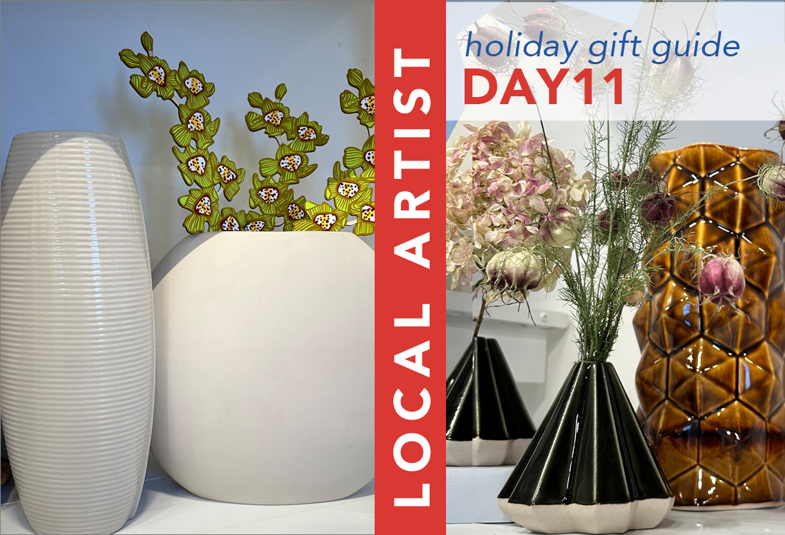 A collection of modern ceramic vases in white and in darker colors